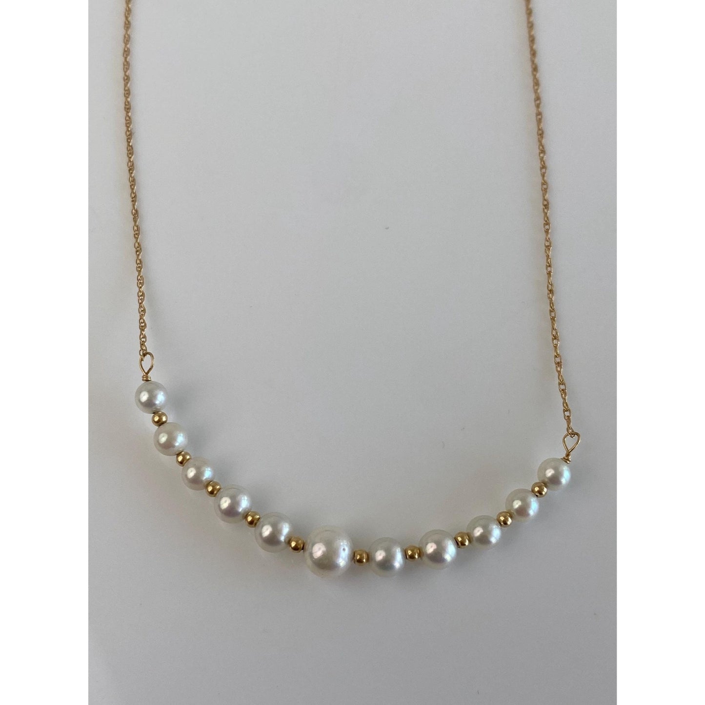 Vintage Solid 14k Yellow Gold Pearls Gold Ball Dainty Chain Necklace - 15.5 inches