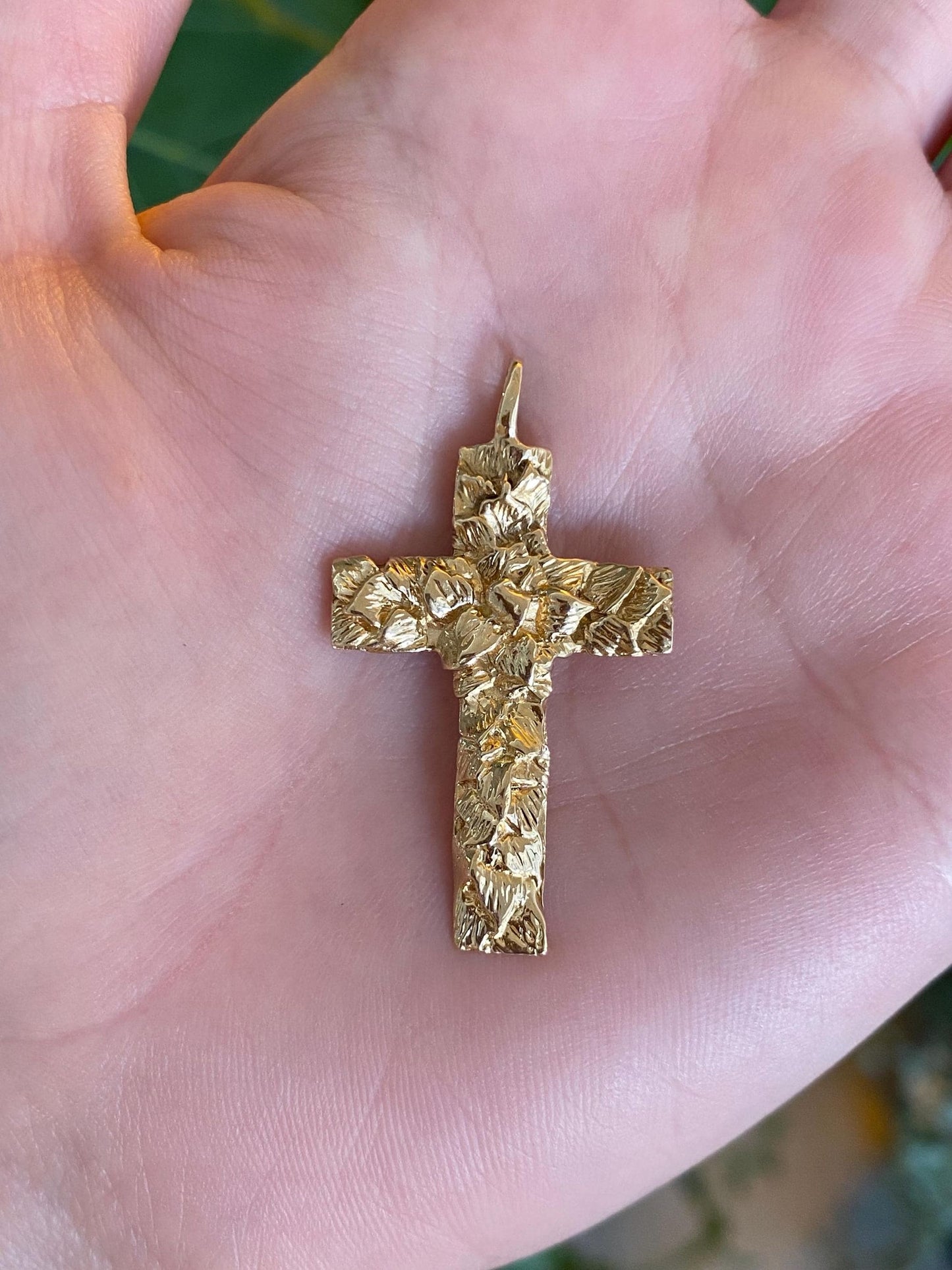 Vintage Solid 14k Yellow Gold Nugget Texture Cross Charm