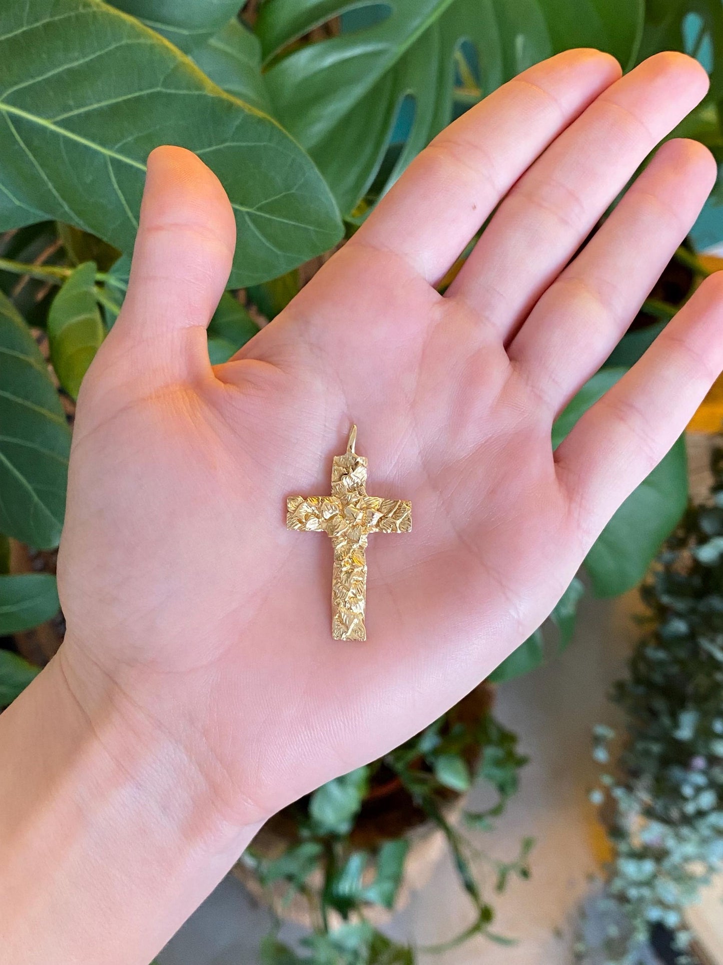 Vintage Solid 14k Yellow Gold Nugget Texture Cross Charm