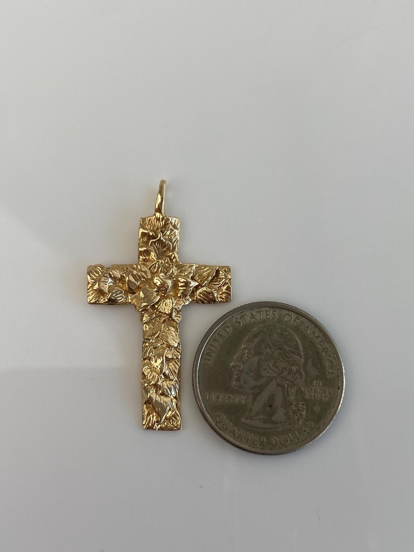 Vintage Solid 14k Yellow Gold Nugget Texture Cross Charm