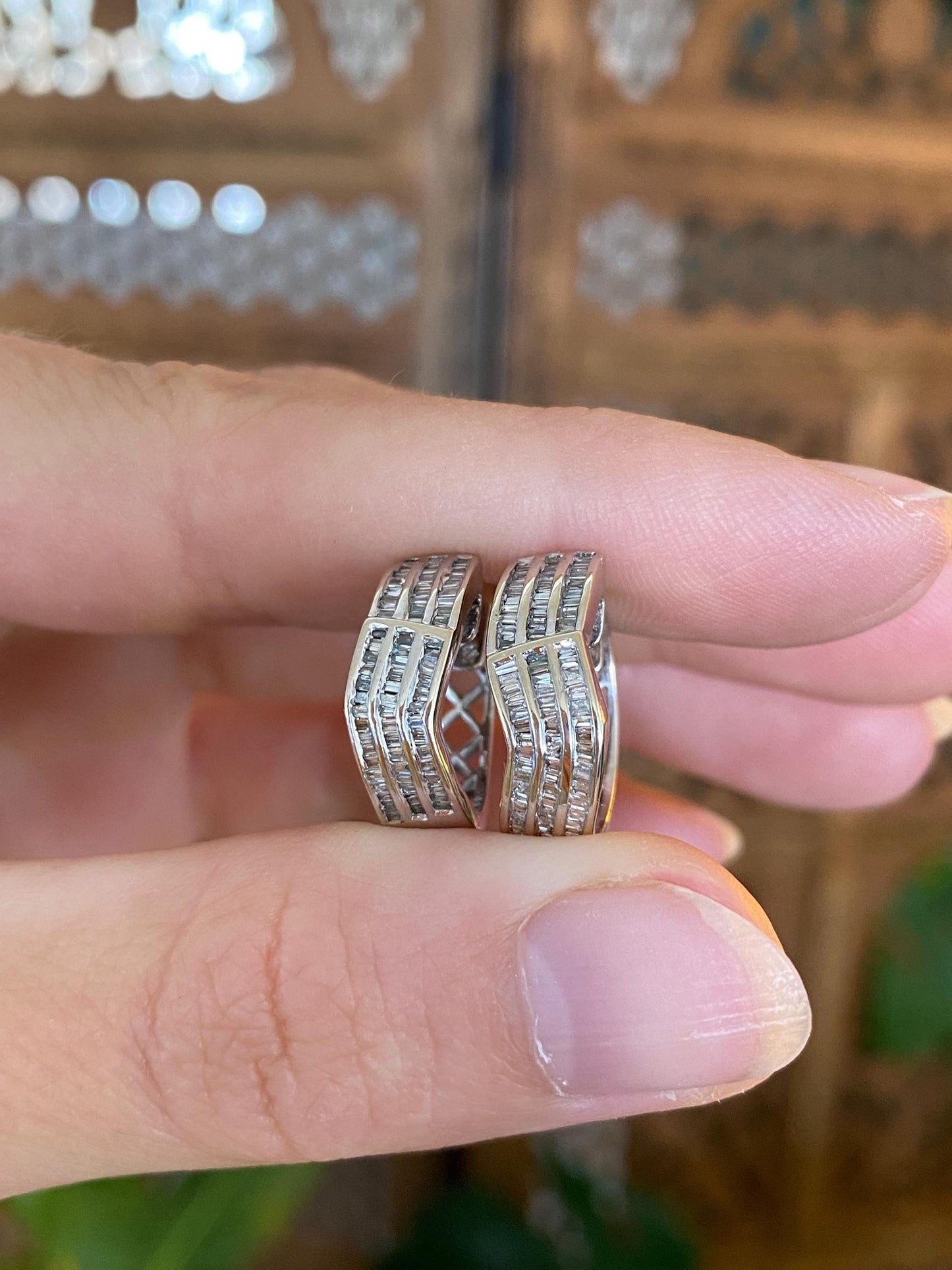 Vintage Solid 14k White Gold Baguette Diamond Hoop Earrings