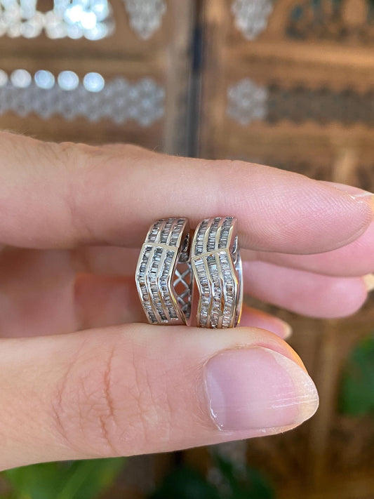 Vintage Solid 14k White Gold Baguette Diamond Hoop Earrings