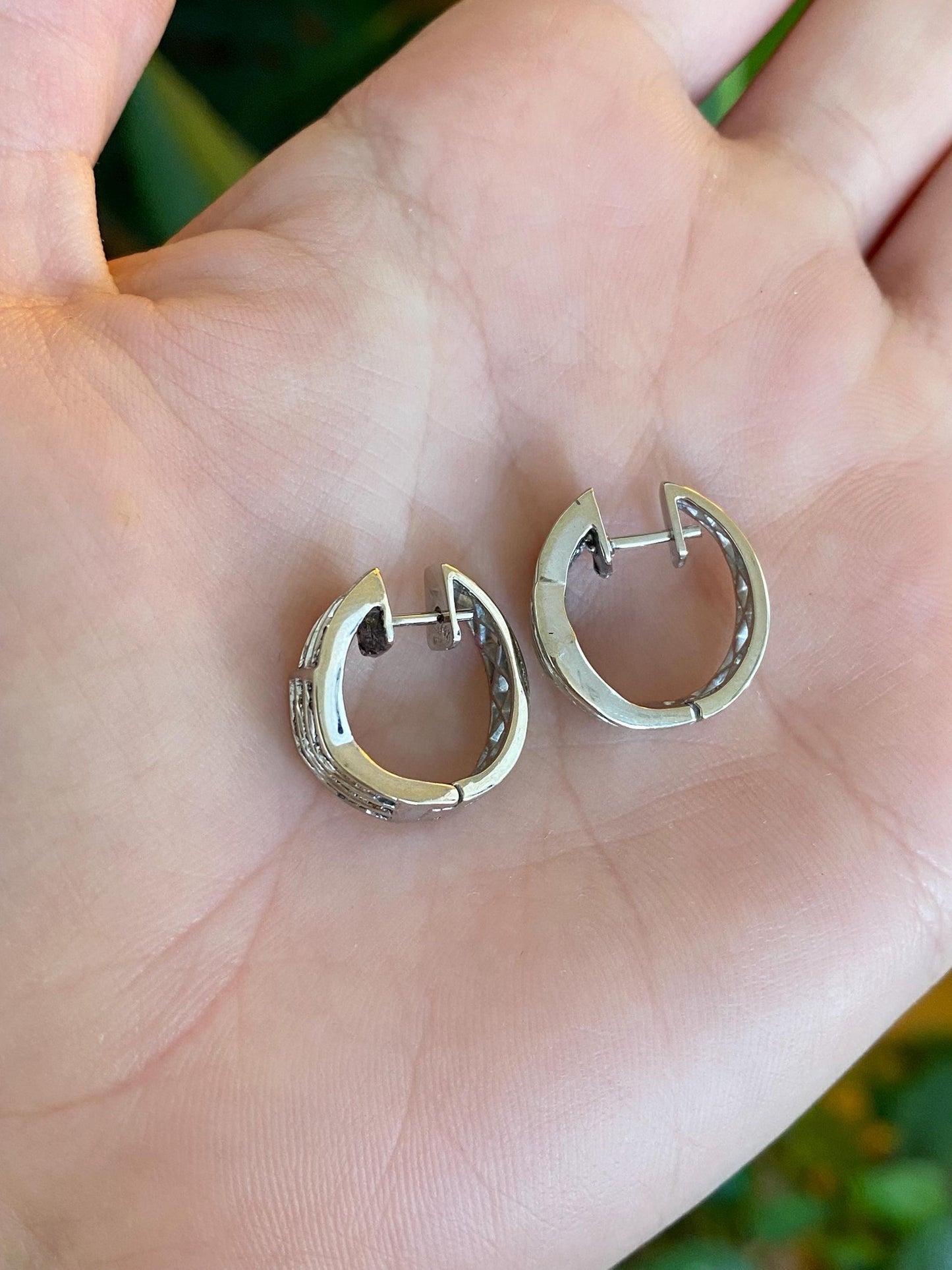 Vintage Solid 14k White Gold Baguette Diamond Hoop Earrings