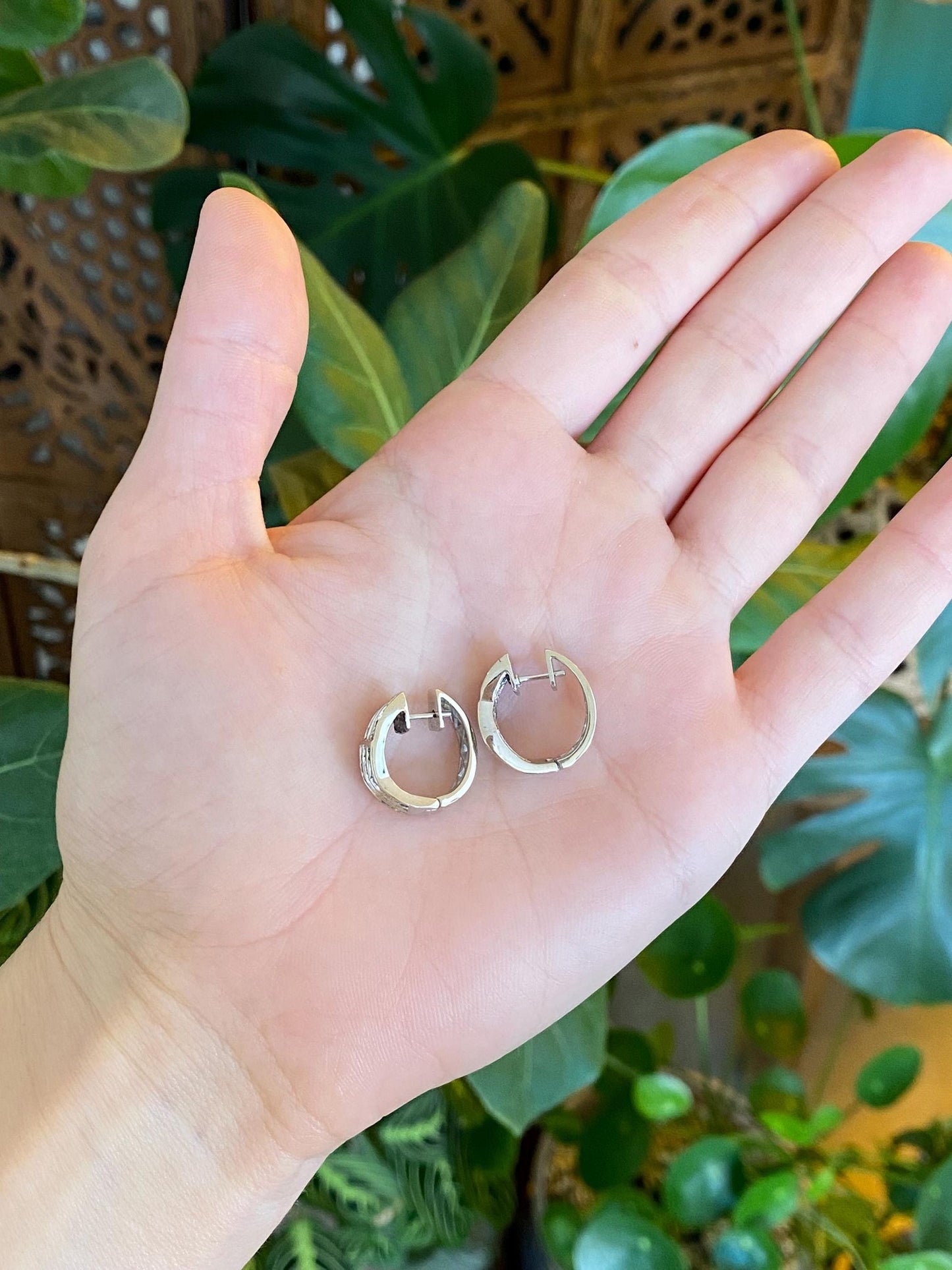 Vintage Solid 14k White Gold Baguette Diamond Hoop Earrings