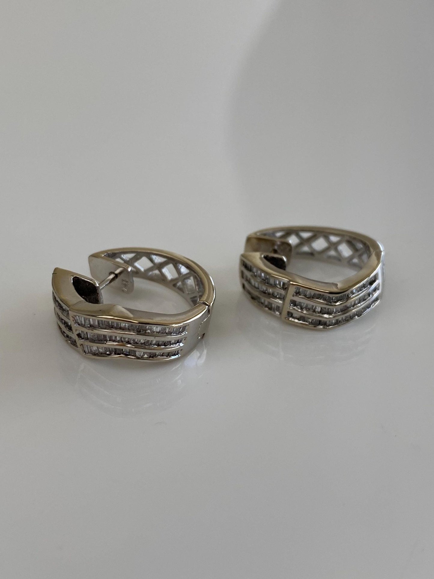 Vintage Solid 14k White Gold Baguette Diamond Hoop Earrings