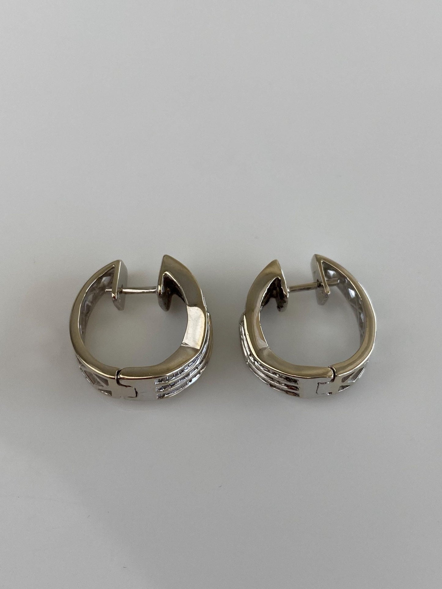 Vintage Solid 14k White Gold Baguette Diamond Hoop Earrings