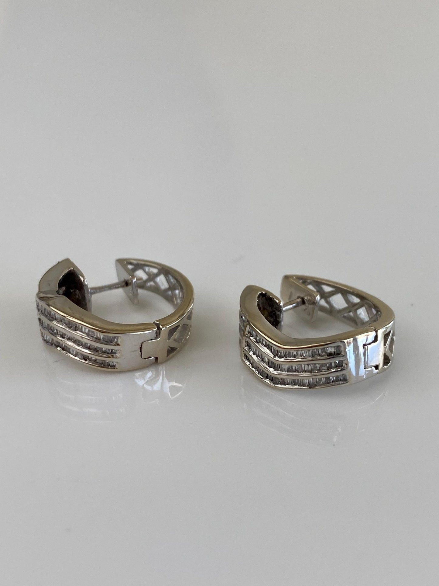 Vintage Solid 14k White Gold Baguette Diamond Hoop Earrings