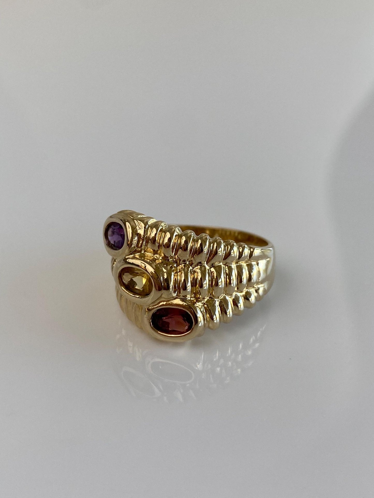 Vintage Solid 14k Yellow Gold Amethyst Citrine Garnet Textured Ring - Size 9.5