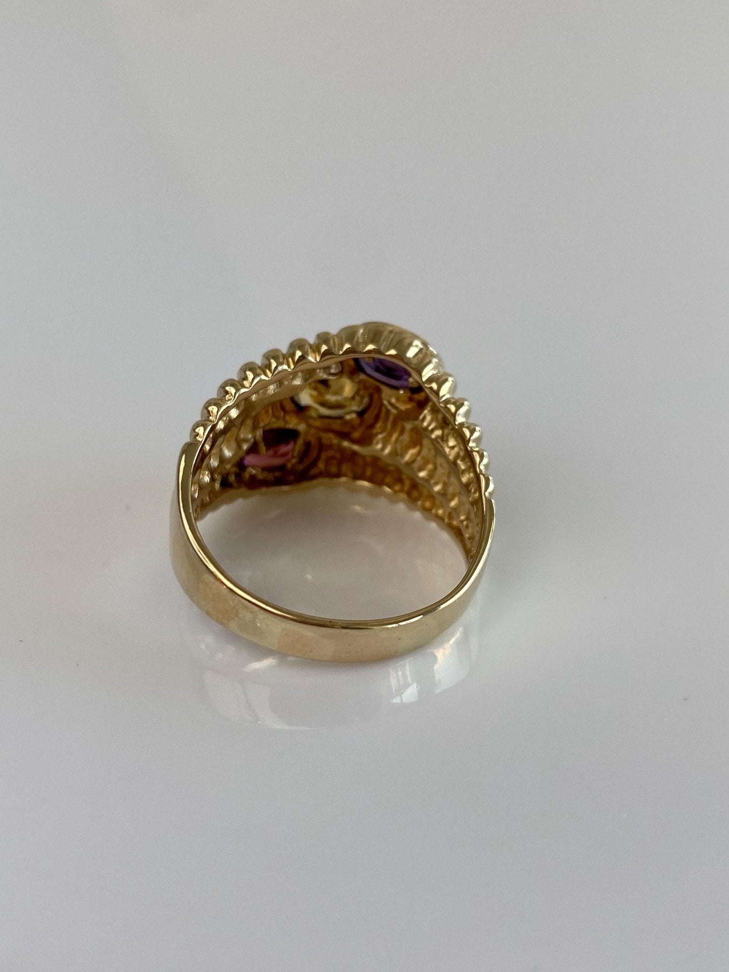 Vintage Solid 14k Yellow Gold Amethyst Citrine Garnet Textured Ring - Size 9.5