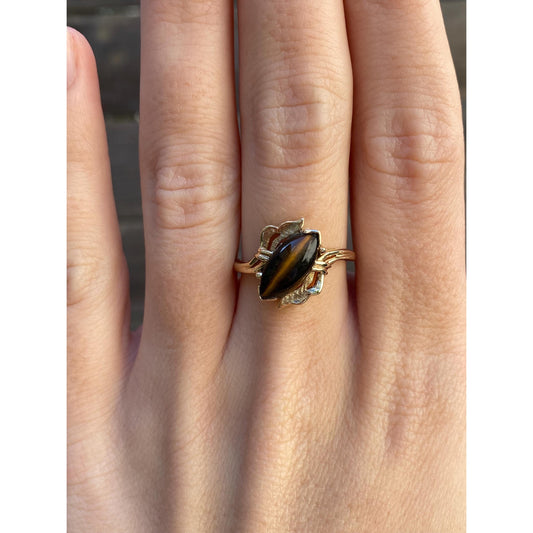 Vintage Solid 10k Yellow Gold Tigers Eye Marquis Shape Ring - Size 6.75