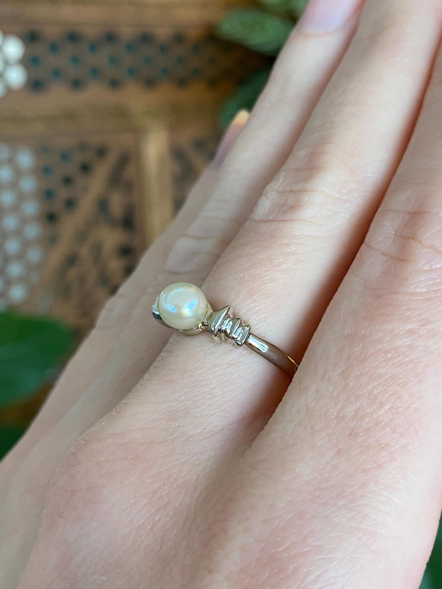 Vintage Solid 14k White Gold Pearl Ring - Size 6.25