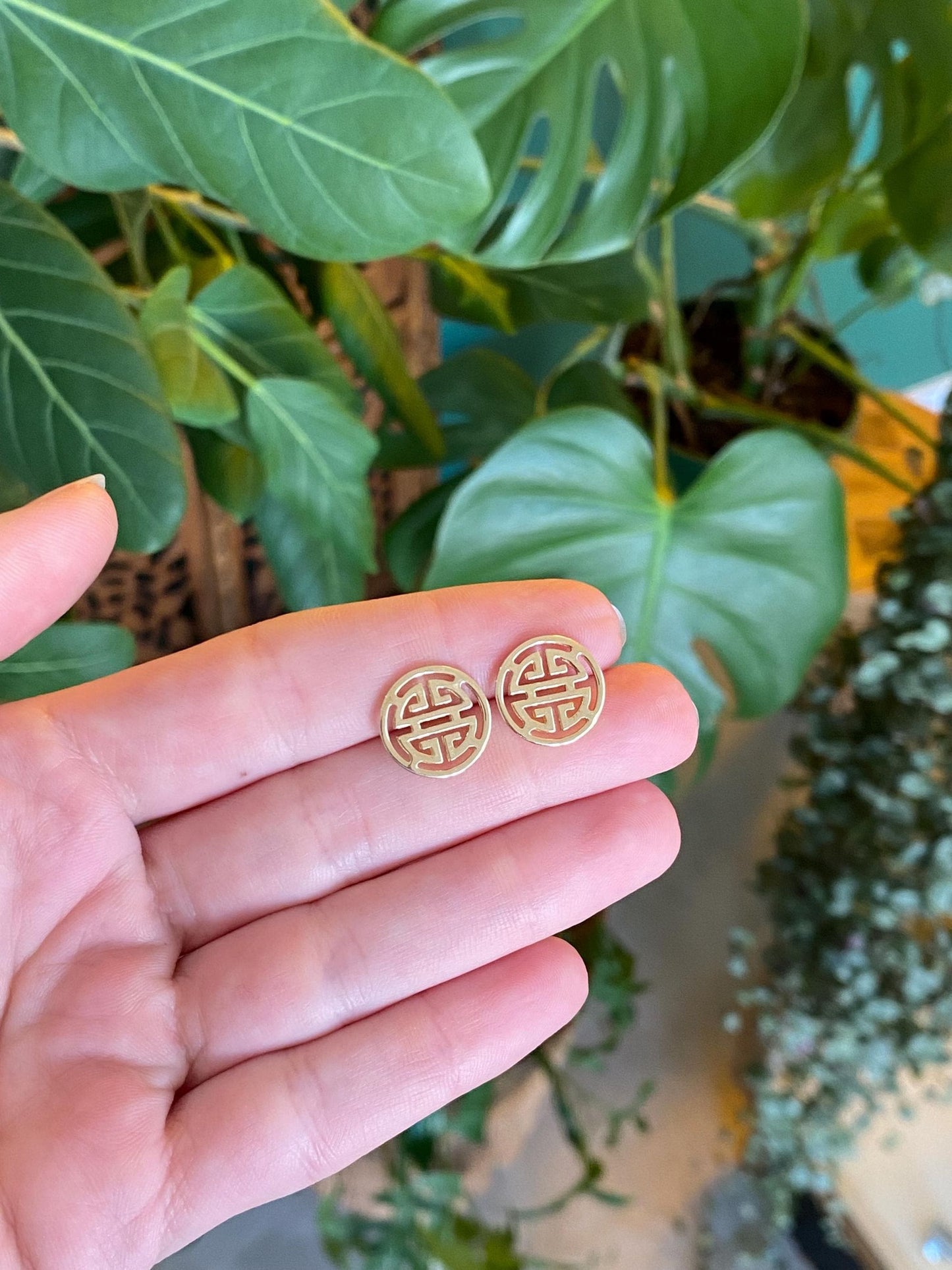 Vintage Solid 14k Yellow Gold Greek Key Design Stud Earrings