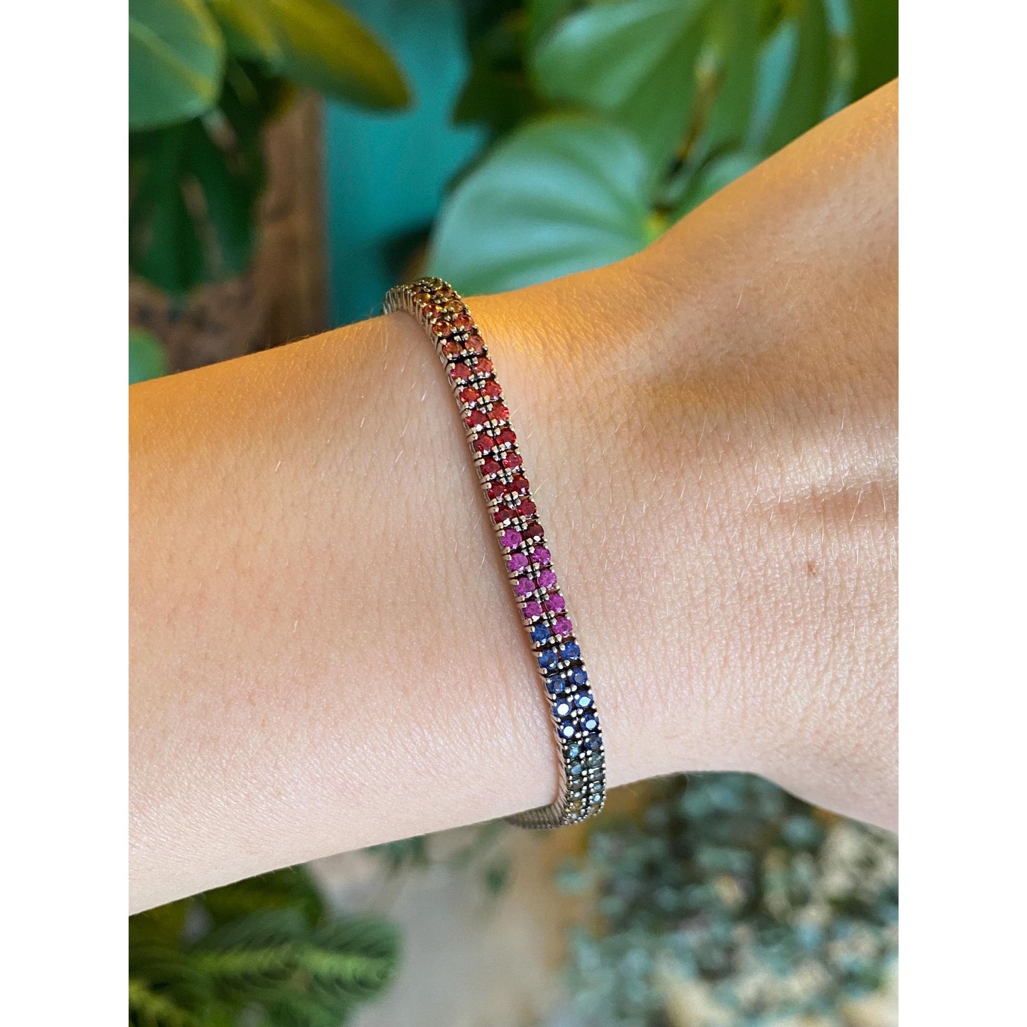 Solid 14k White Gold Rainbow Sapphire Tennis Bracelet - 7 inches