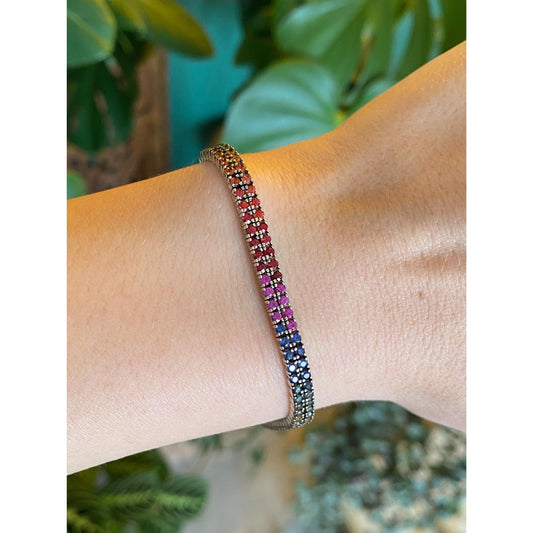 Solid 14k White Gold Rainbow Sapphire Tennis Bracelet - 7 inches