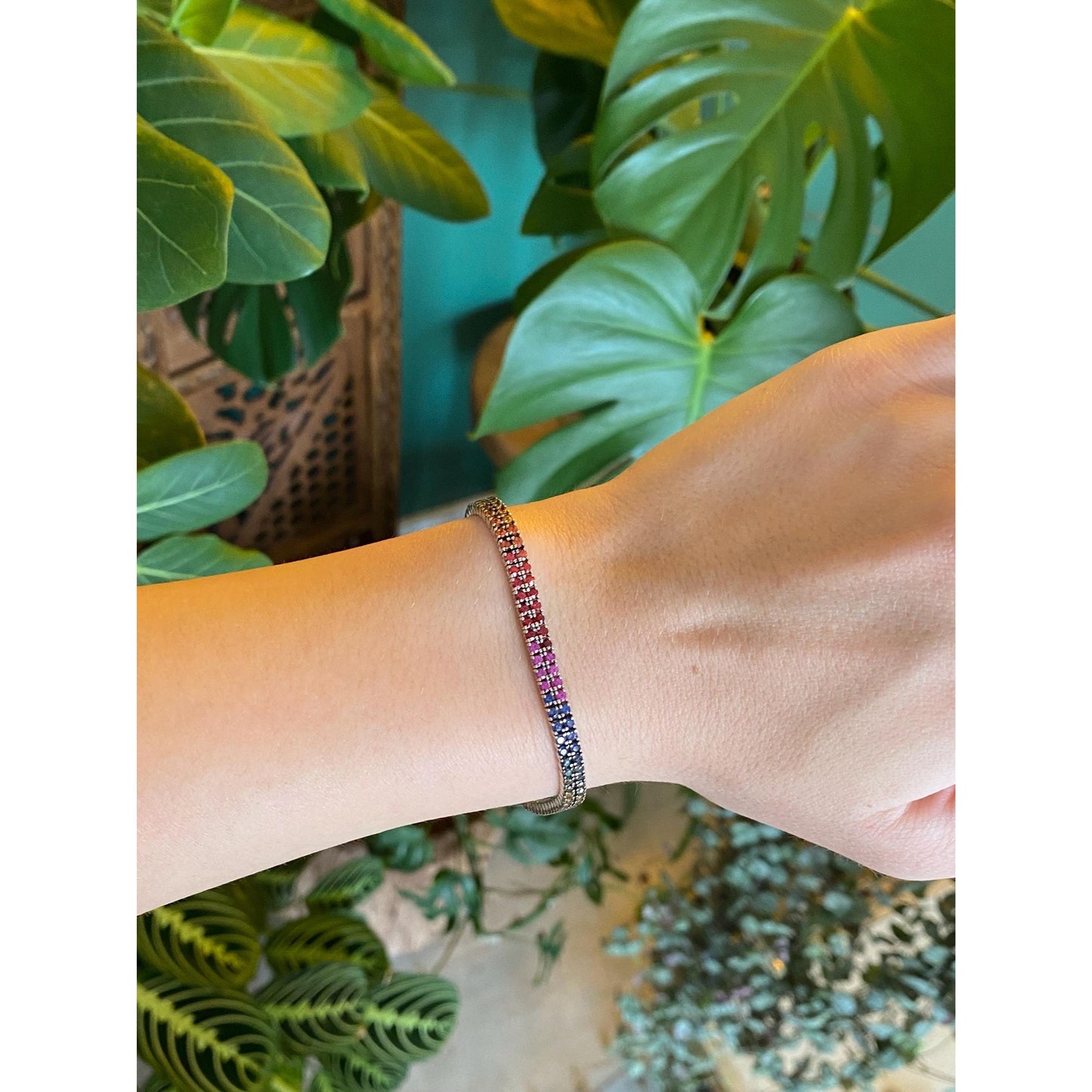 Solid 14k White Gold Rainbow Sapphire Tennis Bracelet - 7 inches