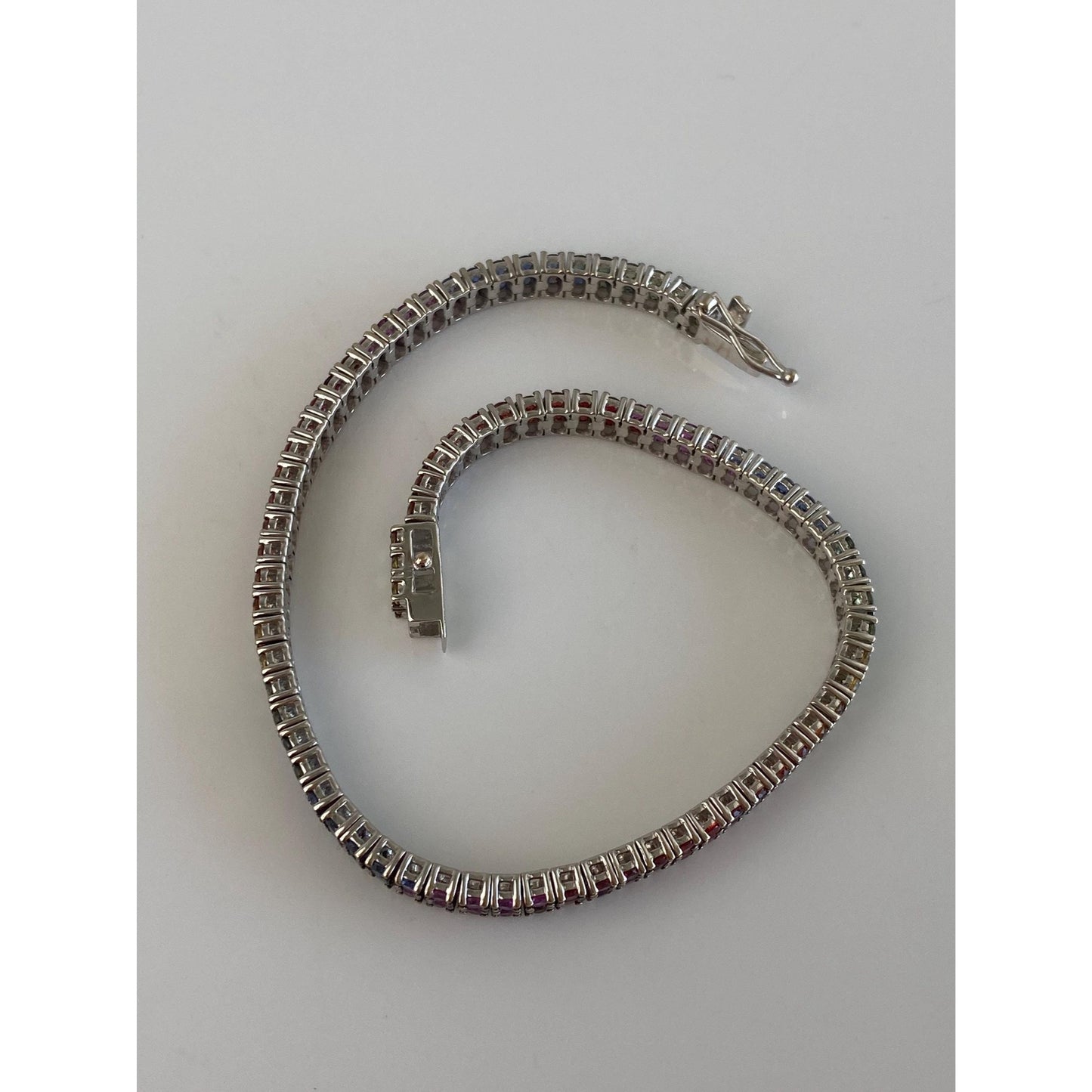 Solid 14k White Gold Rainbow Sapphire Tennis Bracelet - 7 inches