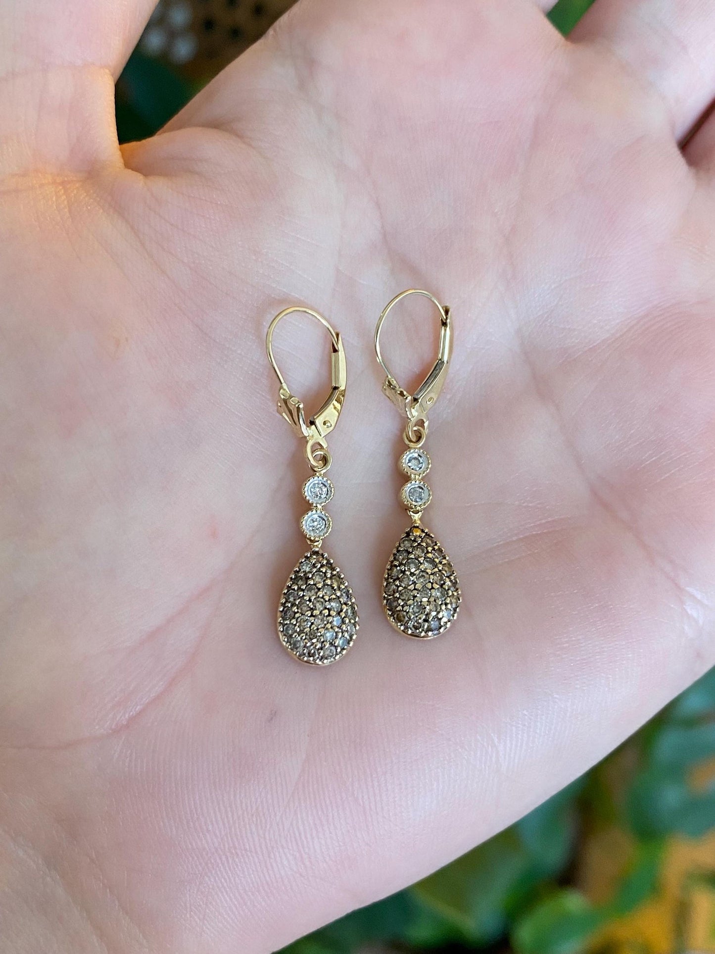 Vintage Solid 14k Yellow Gold Clear & Champagne Diamond Teardrop Dangle Earrings