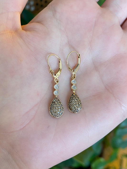Vintage Solid 14k Yellow Gold Clear & Champagne Diamond Teardrop Dangle Earrings