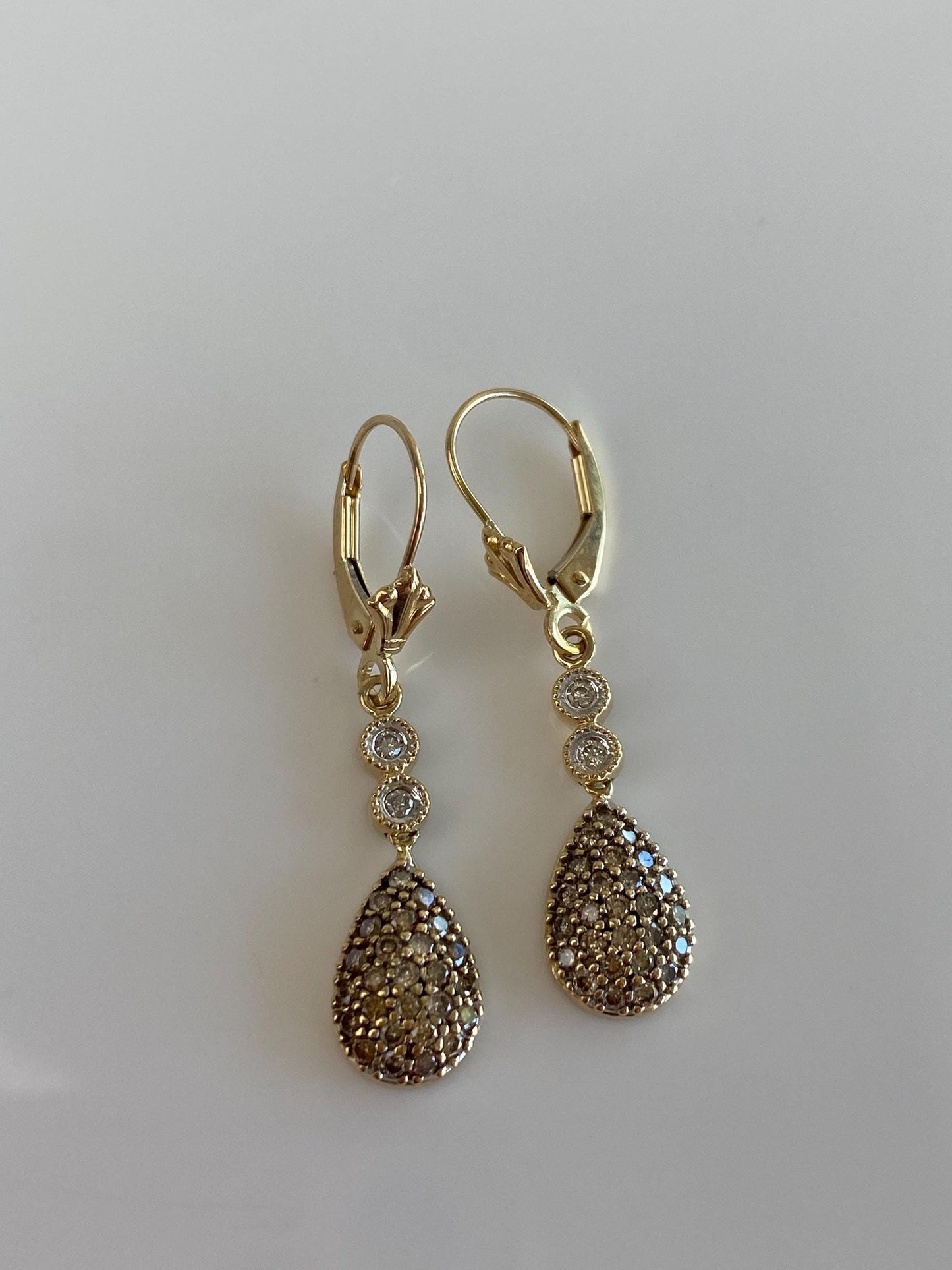 Vintage Solid 14k Yellow Gold Clear & Champagne Diamond Teardrop Dangle Earrings