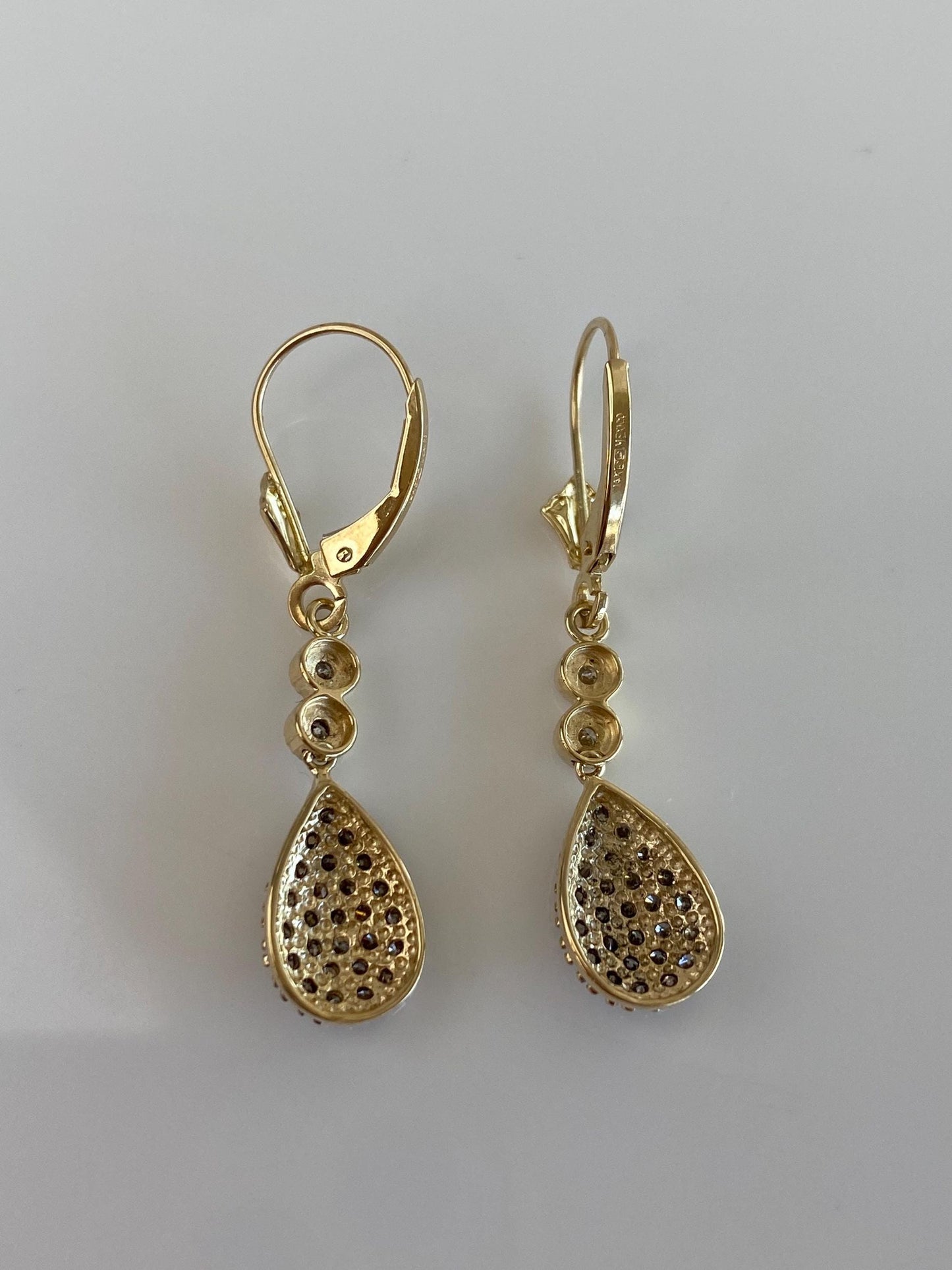 Vintage Solid 14k Yellow Gold Clear & Champagne Diamond Teardrop Dangle Earrings