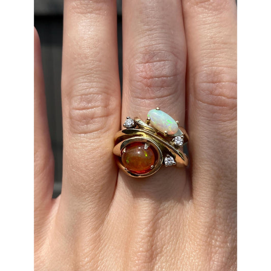 Vintage Solid 14k Yellow Gold Diamond Fire Opal Opal Ring - Size 5.75-6