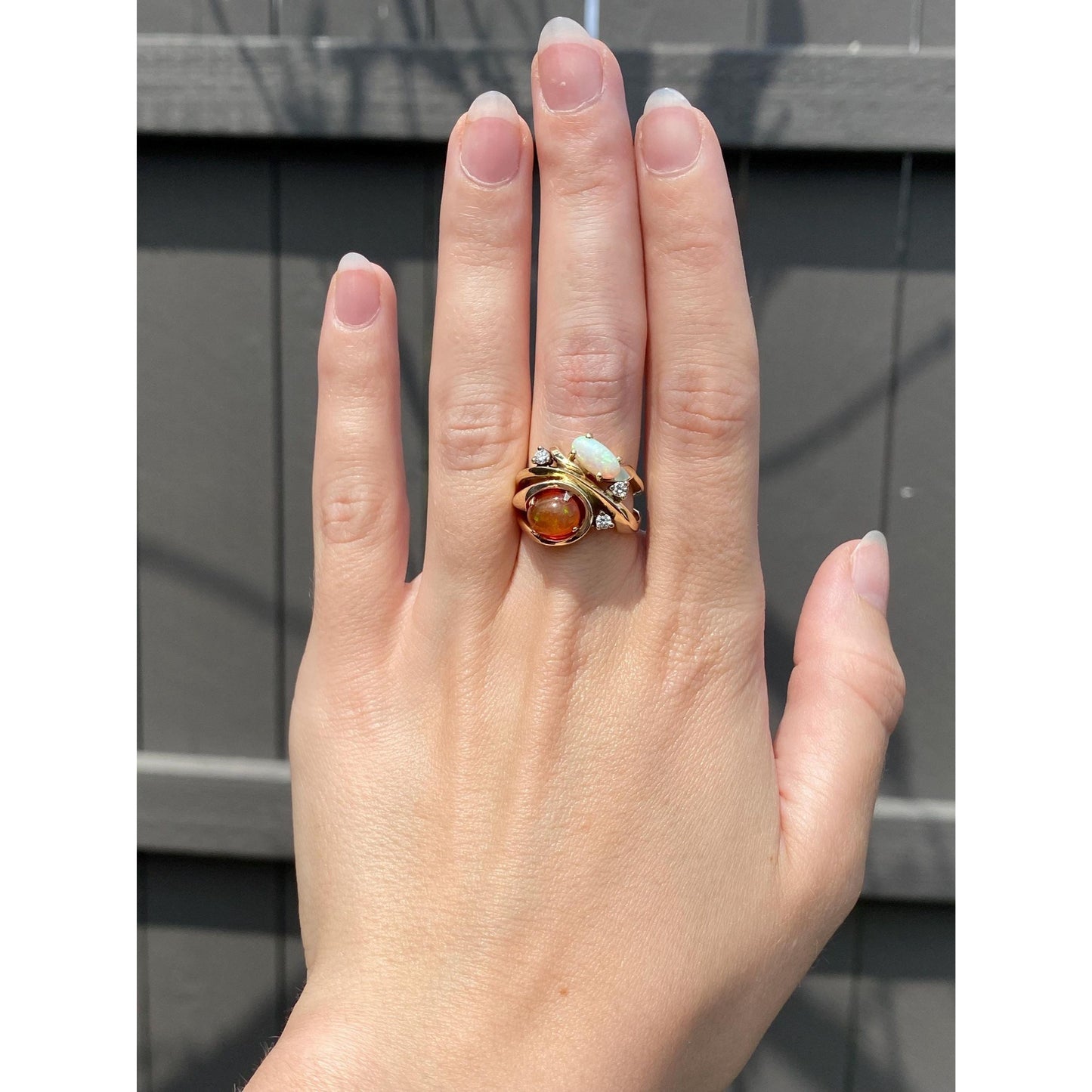 Vintage Solid 14k Yellow Gold Diamond Fire Opal Opal Ring - Size 5.75-6