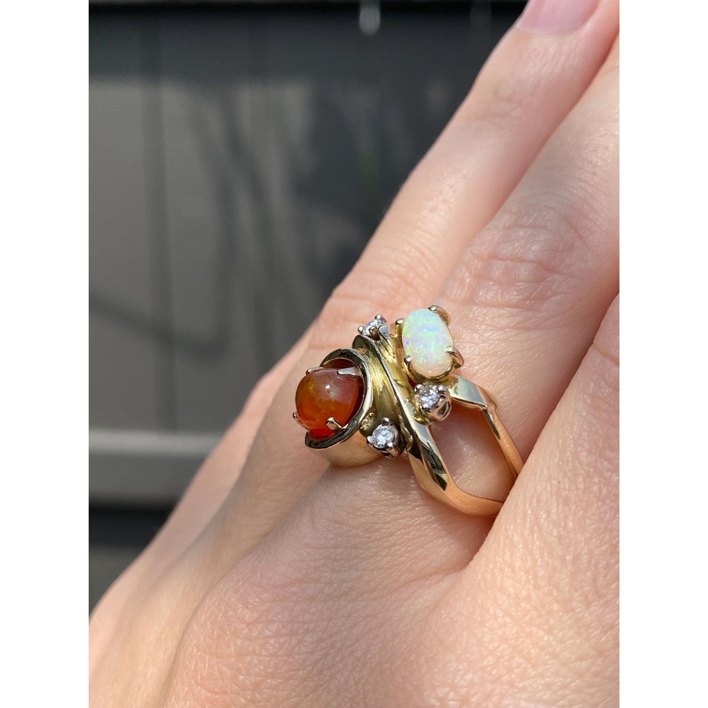 Vintage Solid 14k Yellow Gold Diamond Fire Opal Opal Ring - Size 5.75-6