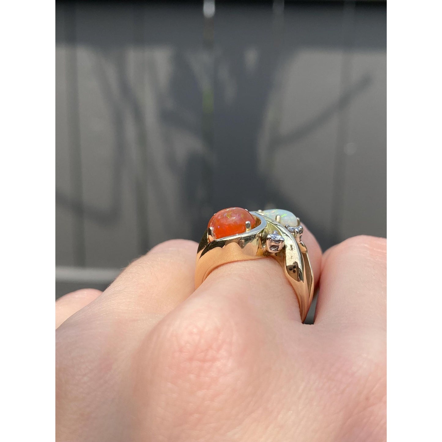 Vintage Solid 14k Yellow Gold Diamond Fire Opal Opal Ring - Size 5.75-6