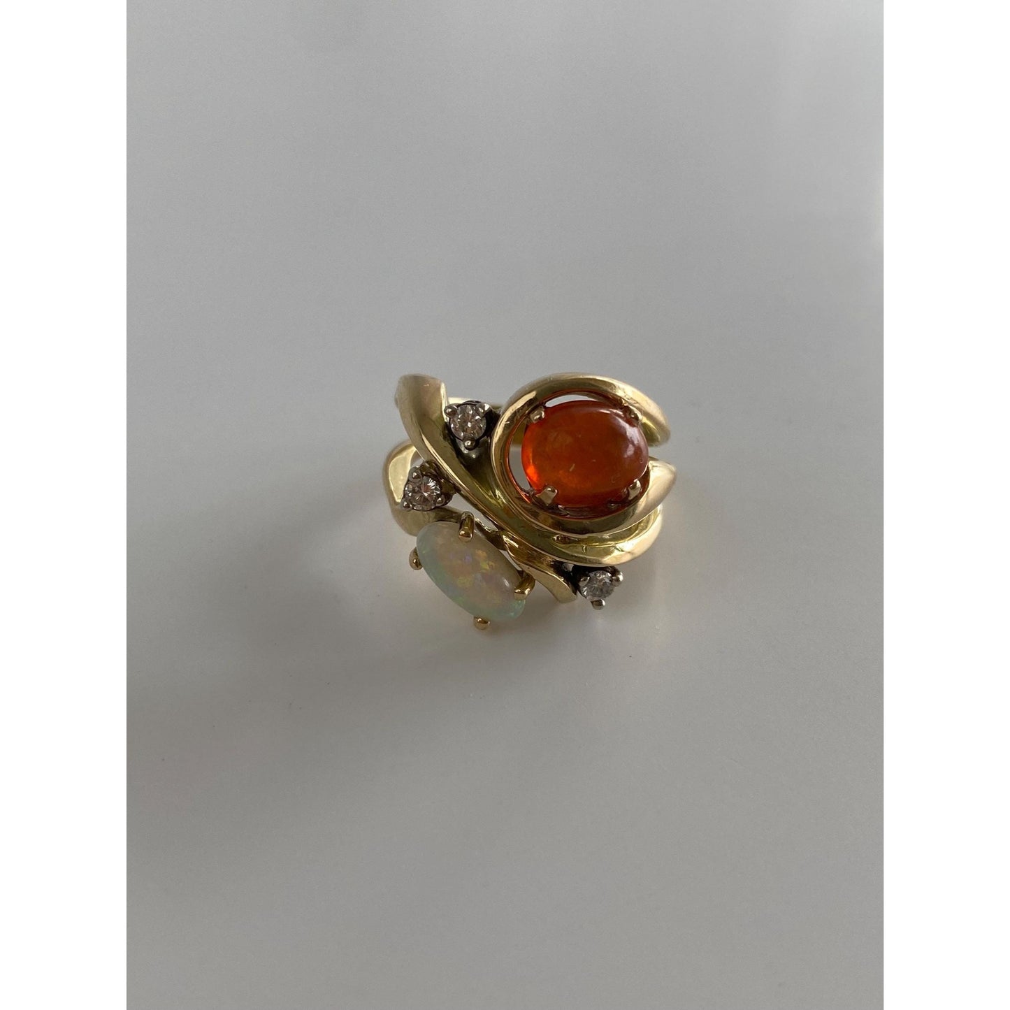 Vintage Solid 14k Yellow Gold Diamond Fire Opal Opal Ring - Size 5.75-6