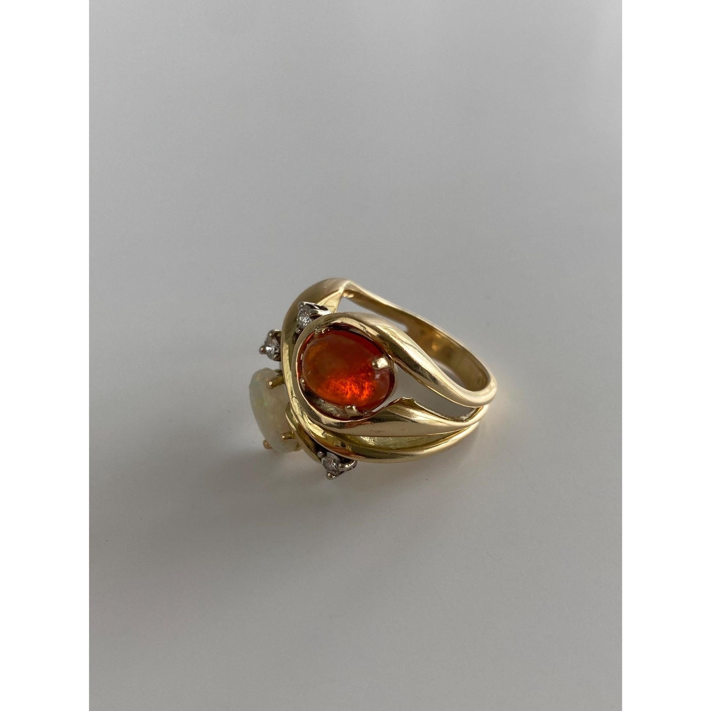 Vintage Solid 14k Yellow Gold Diamond Fire Opal Opal Ring - Size 5.75-6