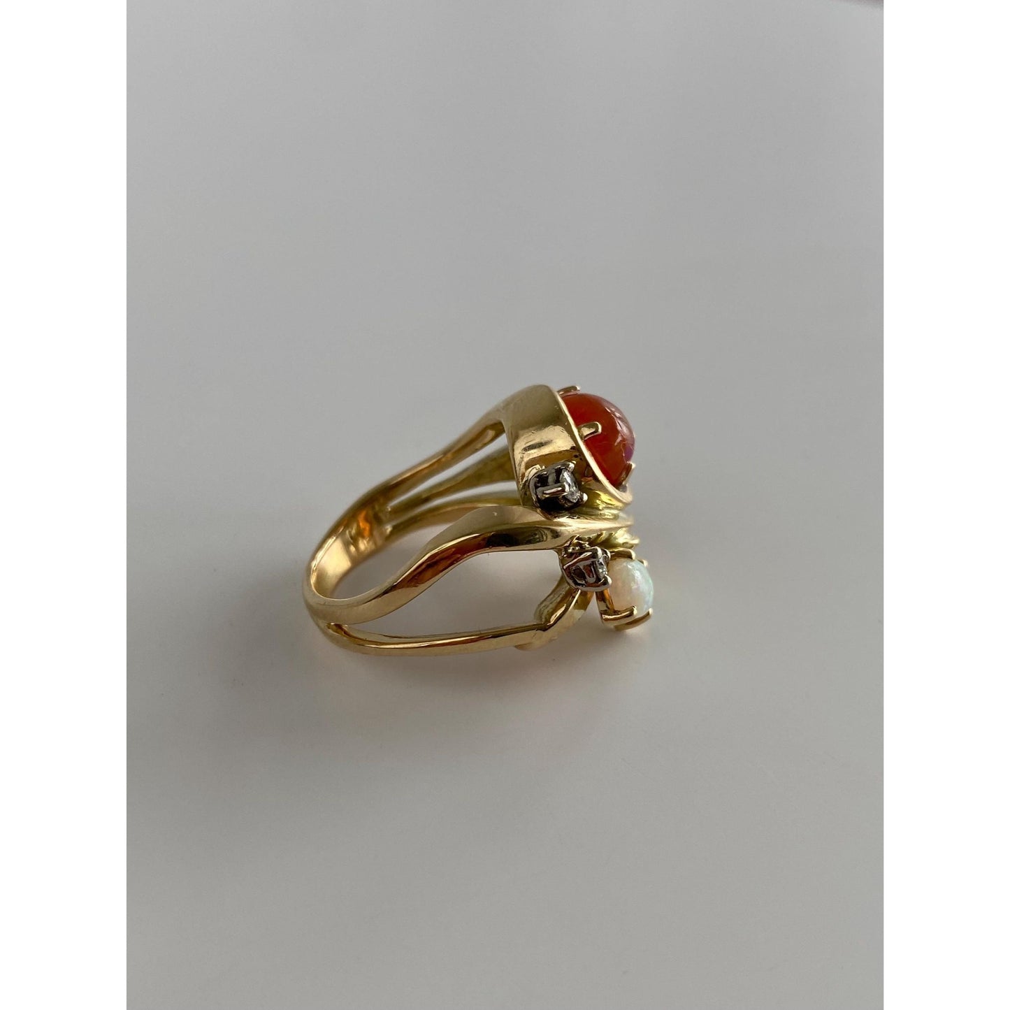 Vintage Solid 14k Yellow Gold Diamond Fire Opal Opal Ring - Size 5.75-6