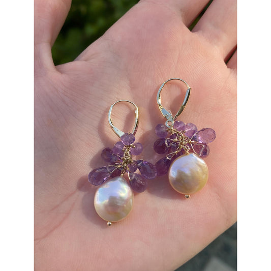 Vintage Solid 14k Yellow Gold Amethyst & Pearl Bead Dangle Earrings