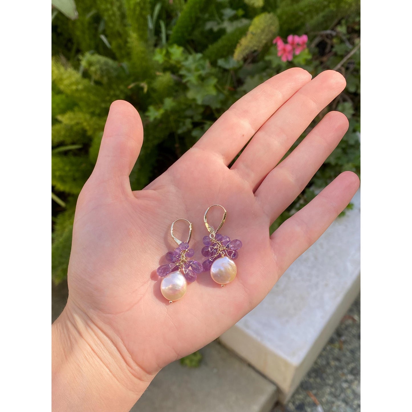 Vintage Solid 14k Yellow Gold Amethyst & Pearl Bead Dangle Earrings