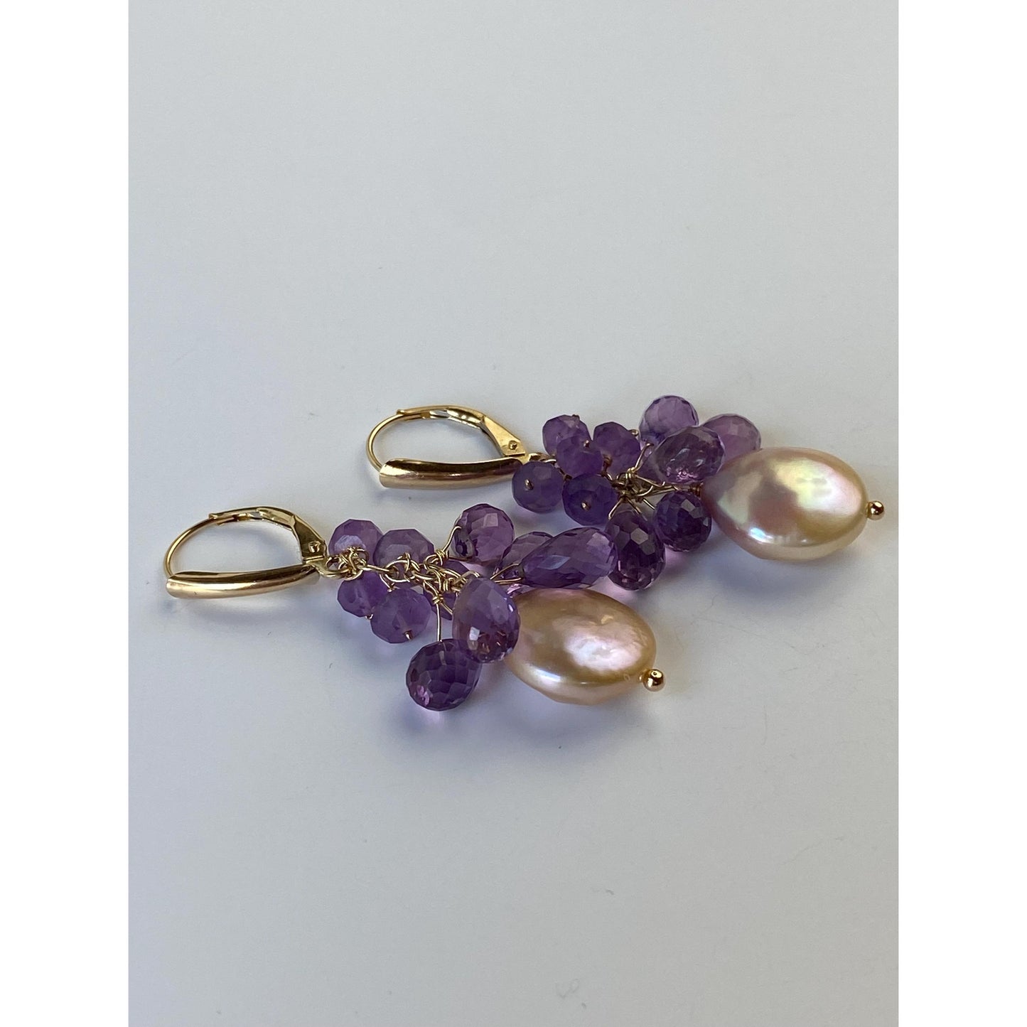 Vintage Solid 14k Yellow Gold Amethyst & Pearl Bead Dangle Earrings
