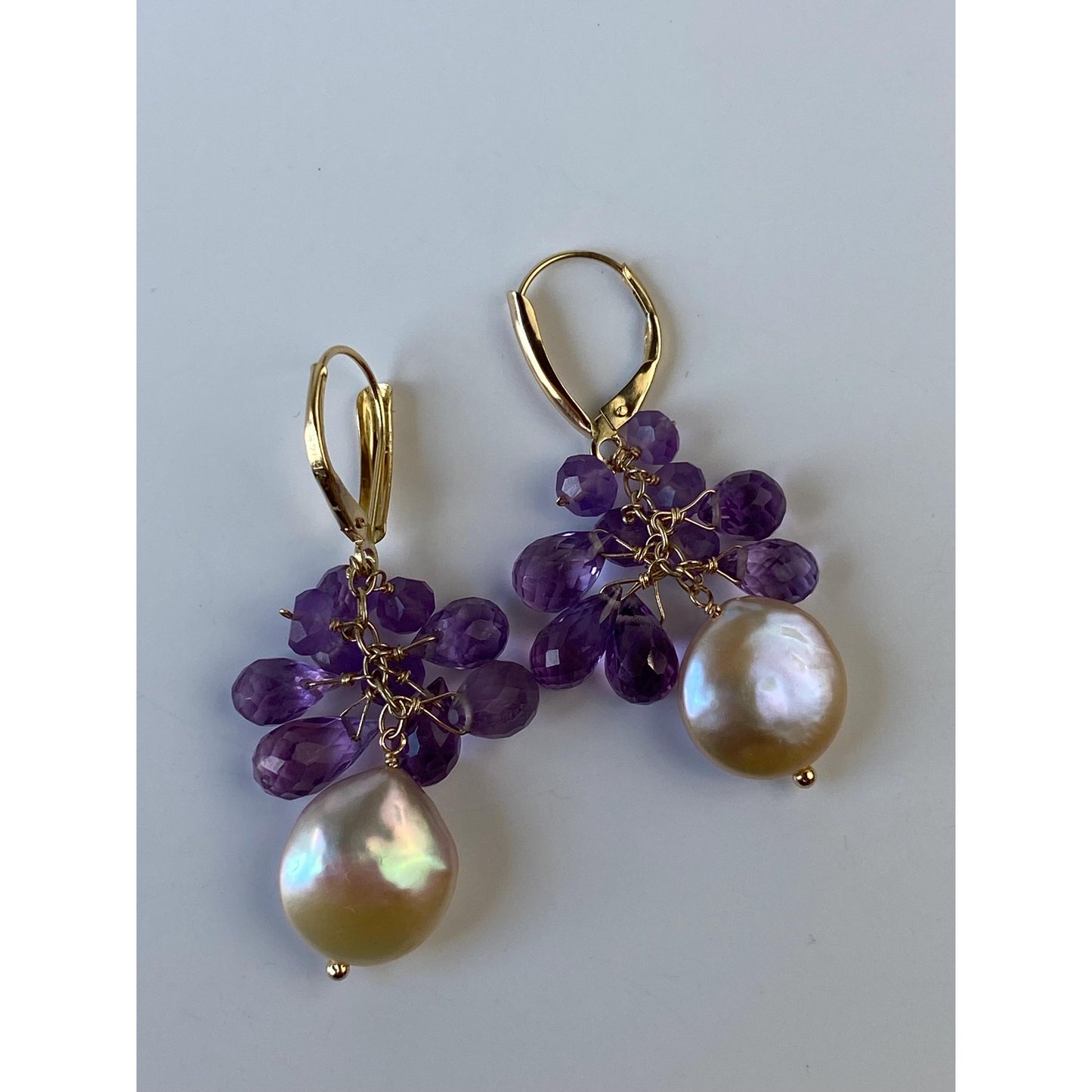 Vintage Solid 14k Yellow Gold Amethyst & Pearl Bead Dangle Earrings