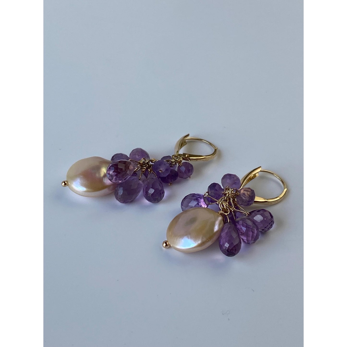 Vintage Solid 14k Yellow Gold Amethyst & Pearl Bead Dangle Earrings