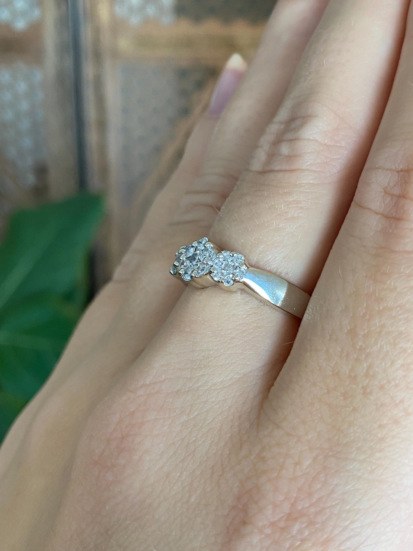 Vintage Solid 14k White Gold Diamond Cluster Flower Ring - Size 7