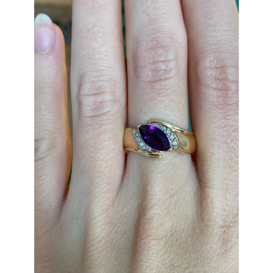 Vintage Solid 14k White & Yellow Gold Diamond Amethyst Ring - Size 7.5