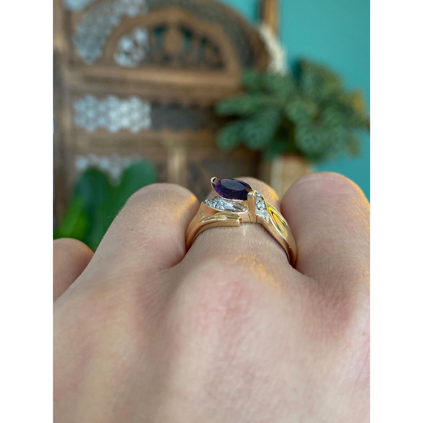 Vintage Solid 14k White & Yellow Gold Diamond Amethyst Ring - Size 7.5