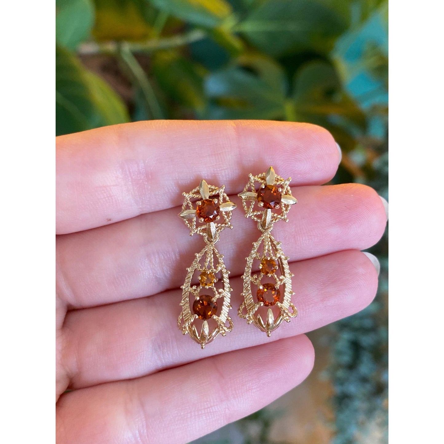 Solid 14k Yellow Gold Citrine Dangle Stud Earrings