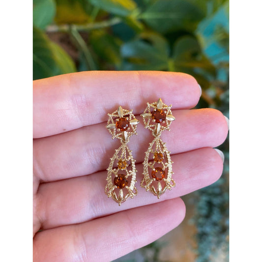 Solid 14k Yellow Gold Citrine Dangle Stud Earrings