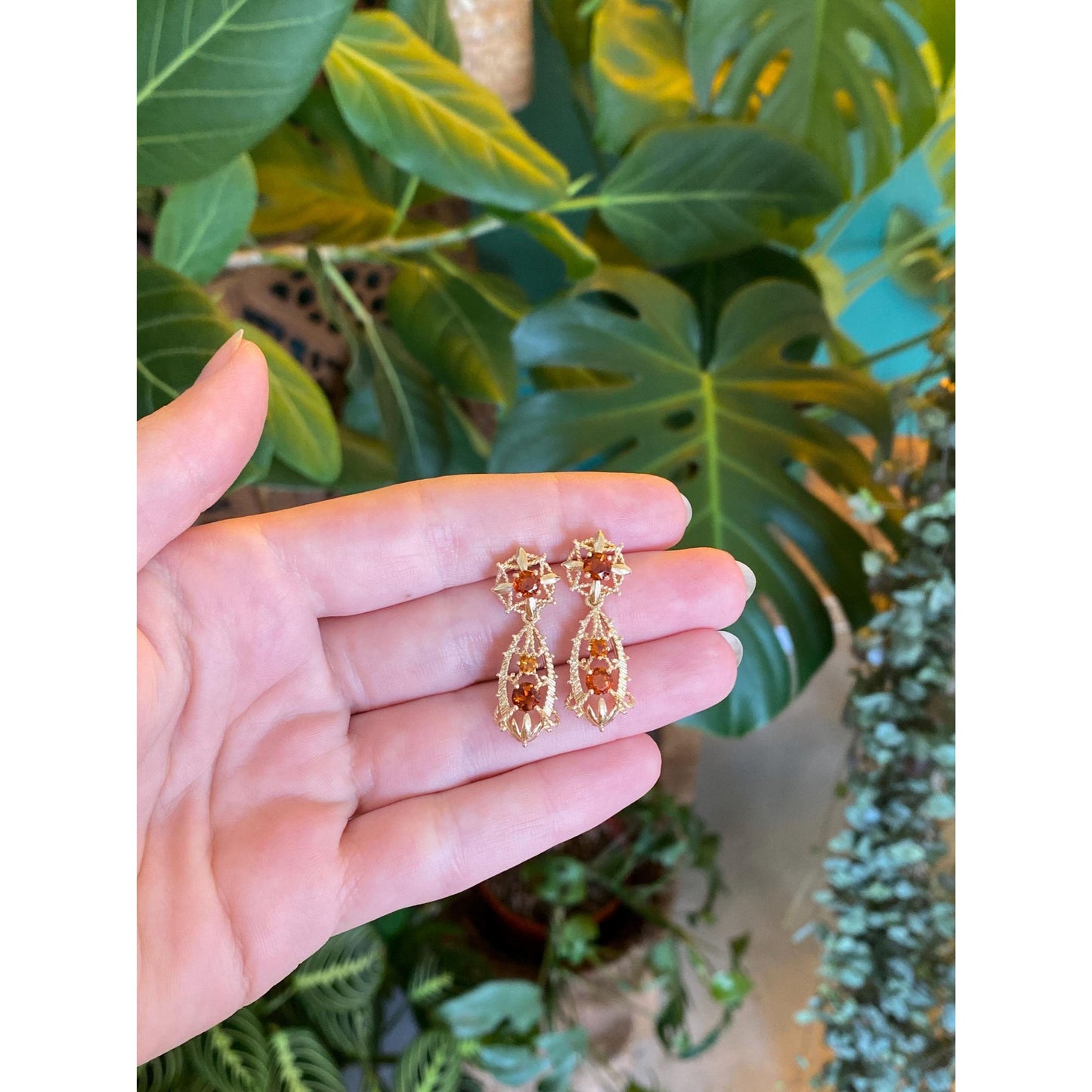 Solid 14k Yellow Gold Citrine Dangle Stud Earrings