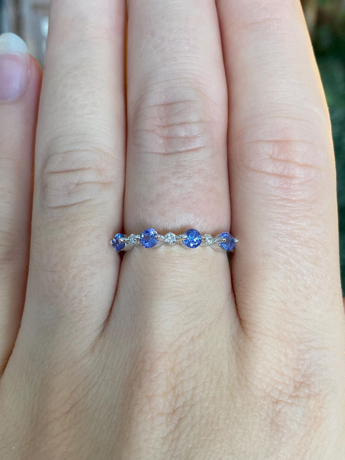 Vintage Solid 14k White Gold Diamond Tanzanite Row Ring Band - Size 6.5