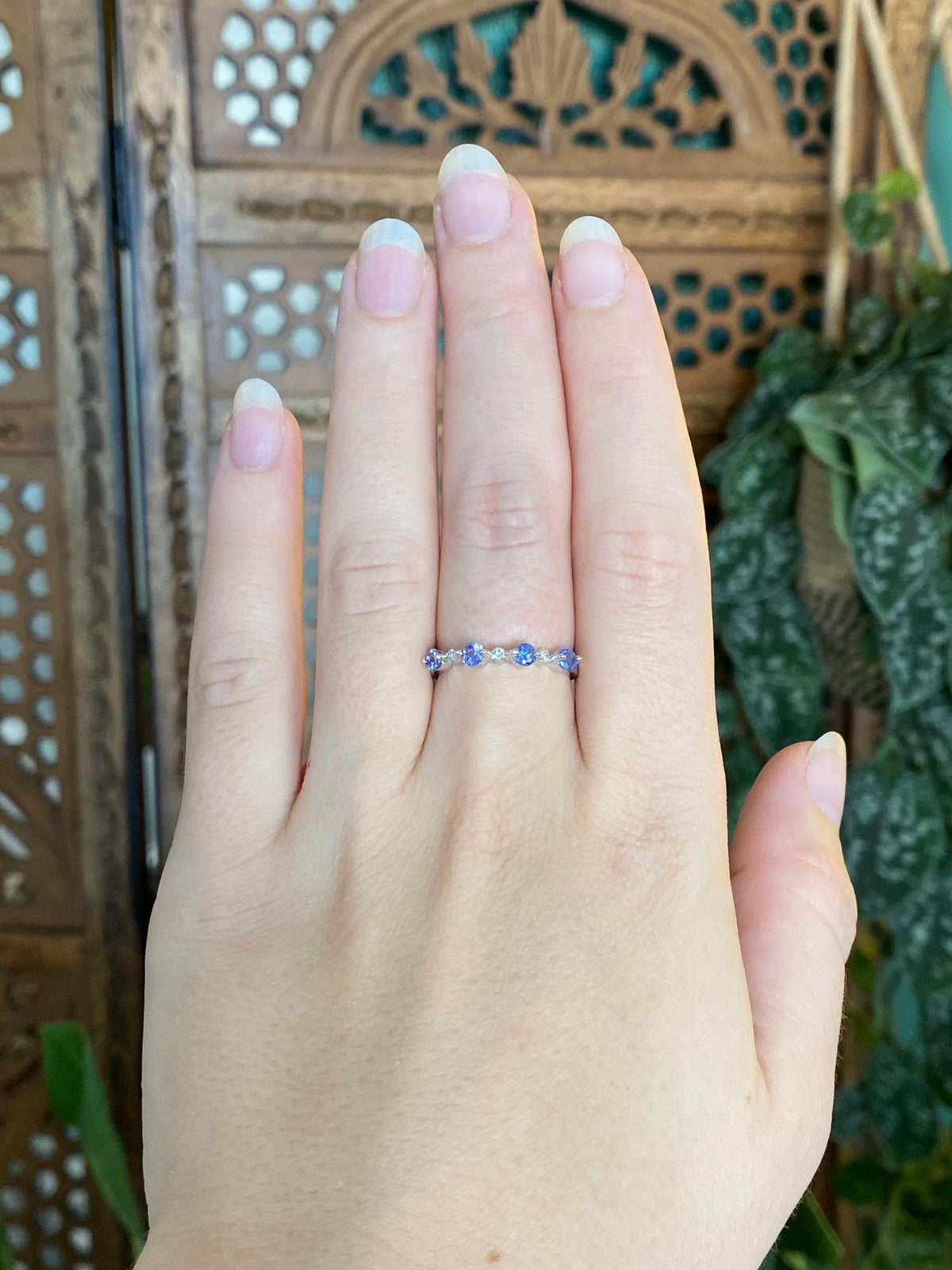 Vintage Solid 14k White Gold Diamond Tanzanite Row Ring Band - Size 6.5