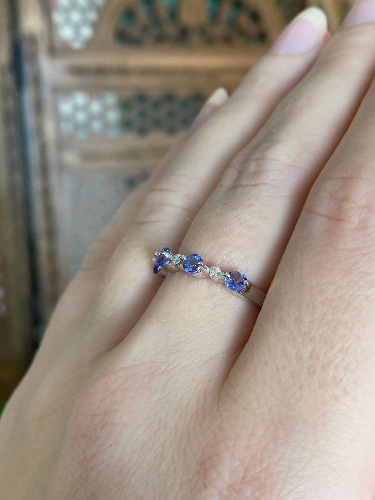 Vintage Solid 14k White Gold Diamond Tanzanite Row Ring Band - Size 6.5