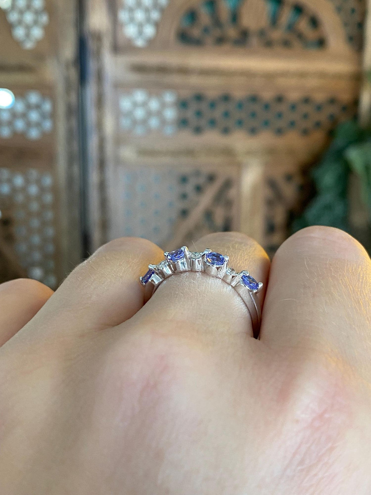 Vintage Solid 14k White Gold Diamond Tanzanite Row Ring Band - Size 6.5