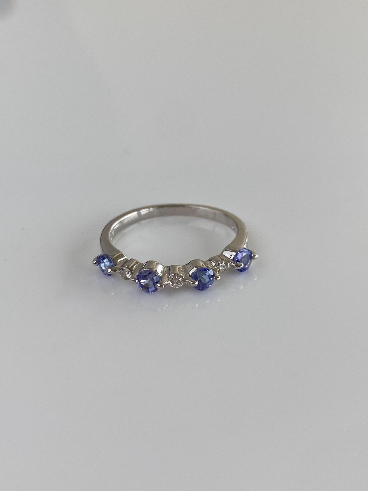 Vintage Solid 14k White Gold Diamond Tanzanite Row Ring Band - Size 6.5