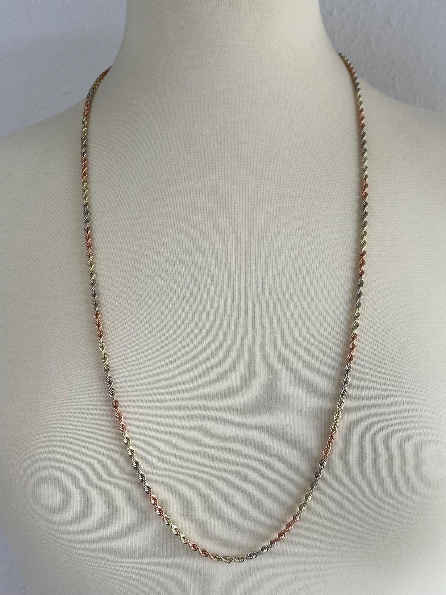 Vintage Solid 14k Tri Tone Gold Long Rope Chain Necklace - 32.25 inches