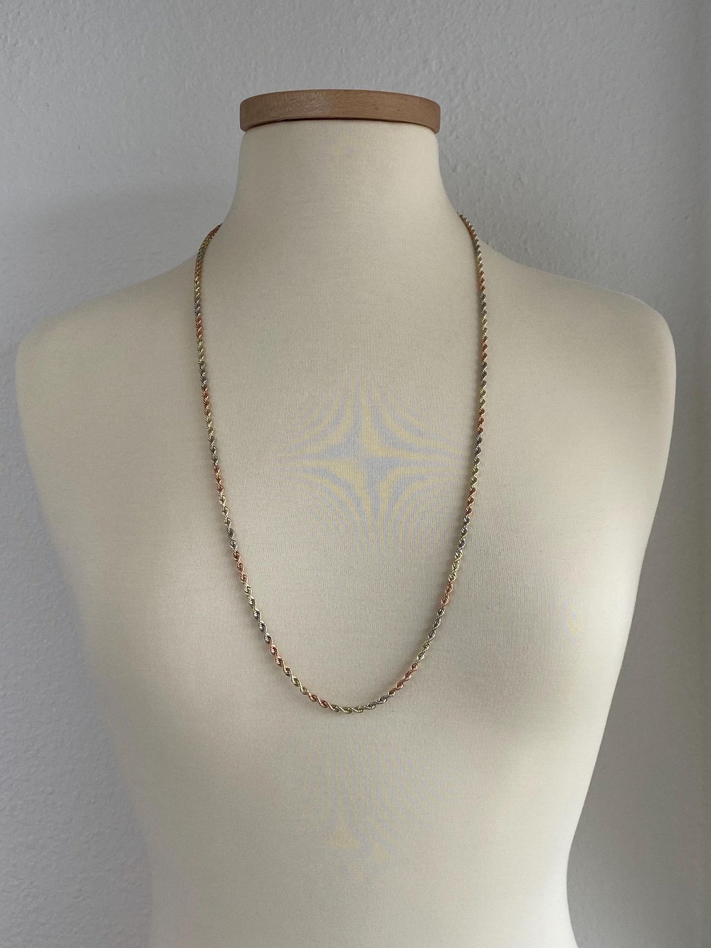 Vintage Solid 14k Tri Tone Gold Long Rope Chain Necklace - 32.25 inches