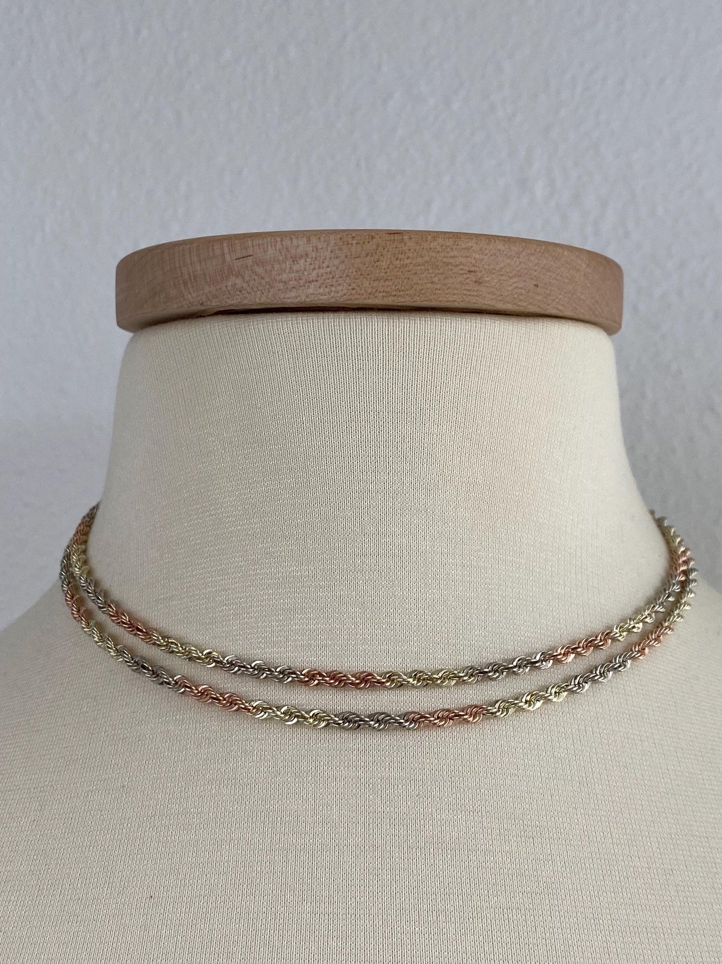 Vintage Solid 14k Tri Tone Gold Long Rope Chain Necklace - 32.25 inches